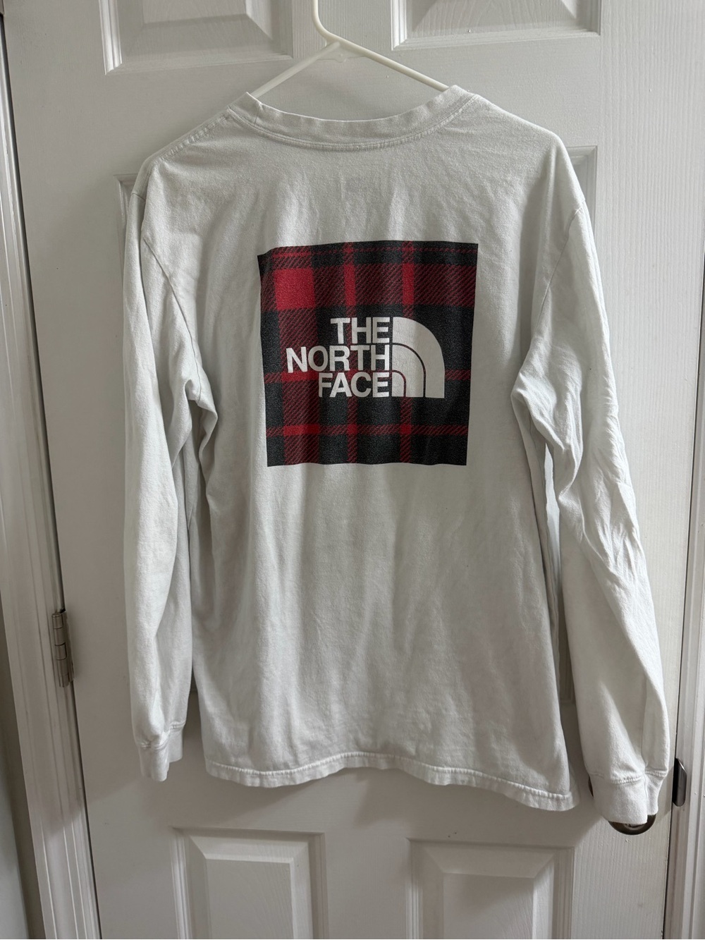The North Face White Long Sleeve Tee with Red and Black Plaid Logo Large L